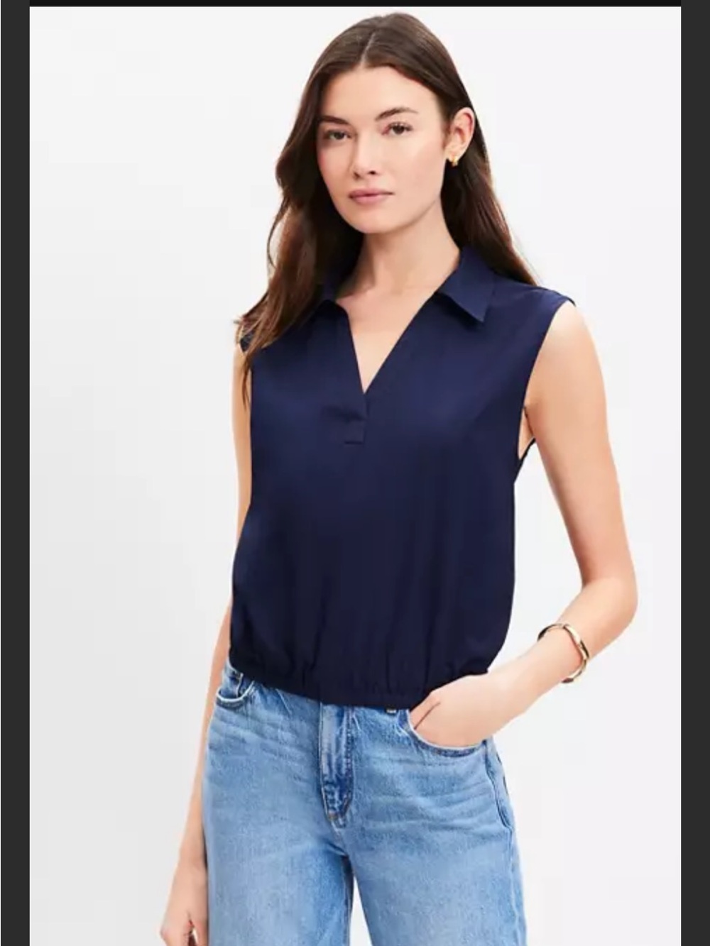 LOFT Sleeveless Navy V-Neck Collared Blouse